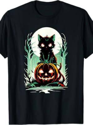 Spooky Black Cat on Pumpkin Under a Creepy Halloween Moon T-Shirt