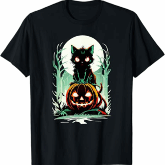 Spooky Black Cat on Pumpkin Under a Creepy Halloween Moon T-Shirt