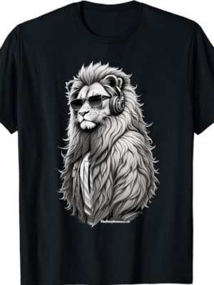 a powerful lion wearing headphones and sunglasses T-Shirt