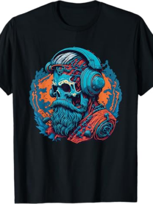 Colorful Skull with Hipster Beard and Headphones T-Shirt