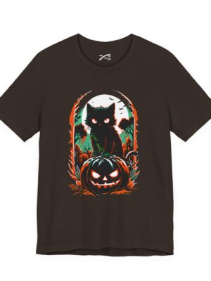 Ominous Black Cat and Pumpkin in Eerie Moonlit Scene T-Shirt
